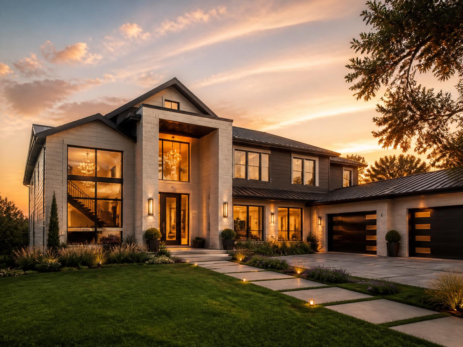 Beautifully renovated modern American home at golden hour
